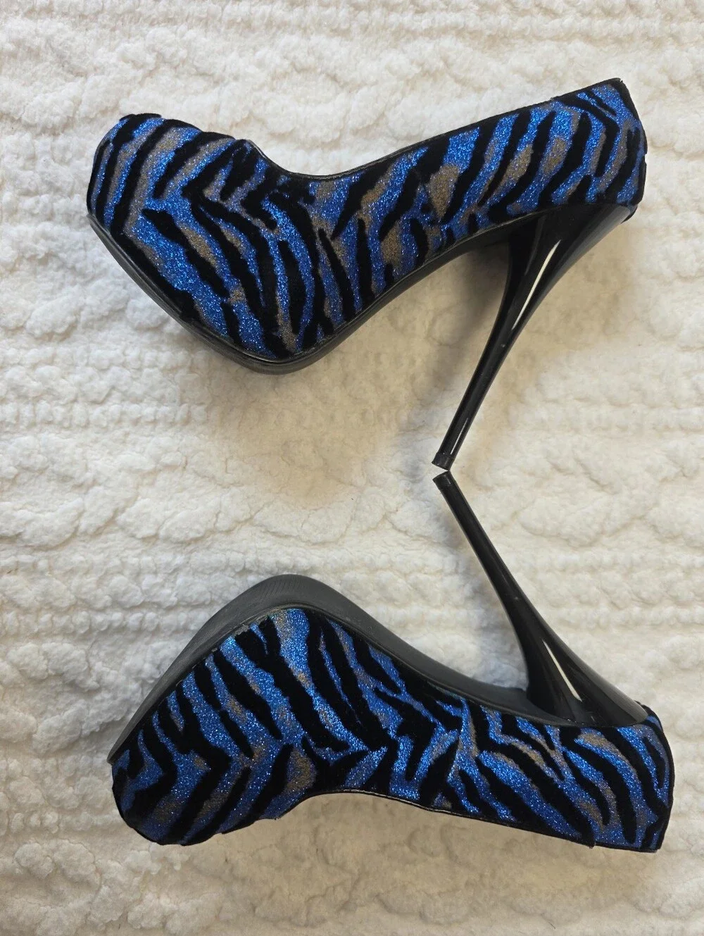 SHl by Journeys Blue Glitter Zebra Platform Stiletto Heels 7 (Estimate)